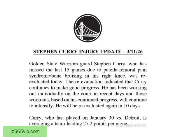 库里膝伤恢复进展顺利 将于下周一复出对阵火箭 结束27场缺阵纪录